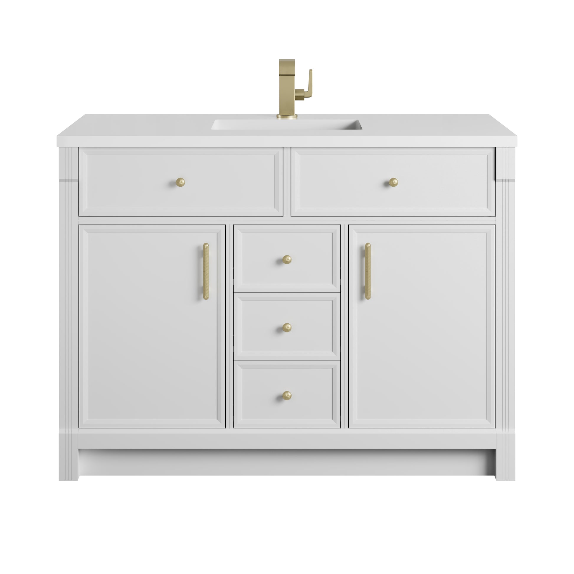 Renovate for Less Atlanta Bellshire 48" Single Vanity, Bright White w/ Single Hole 3 CM White Zeus Silestone Top and Matching Backsplash