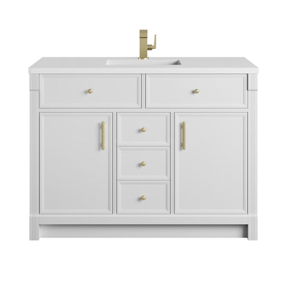 Renovate for Less Atlanta Bellshire 48" Single Vanity, Bright White w/ Single Hole 3 CM White Zeus Silestone Top and Matching Backsplash