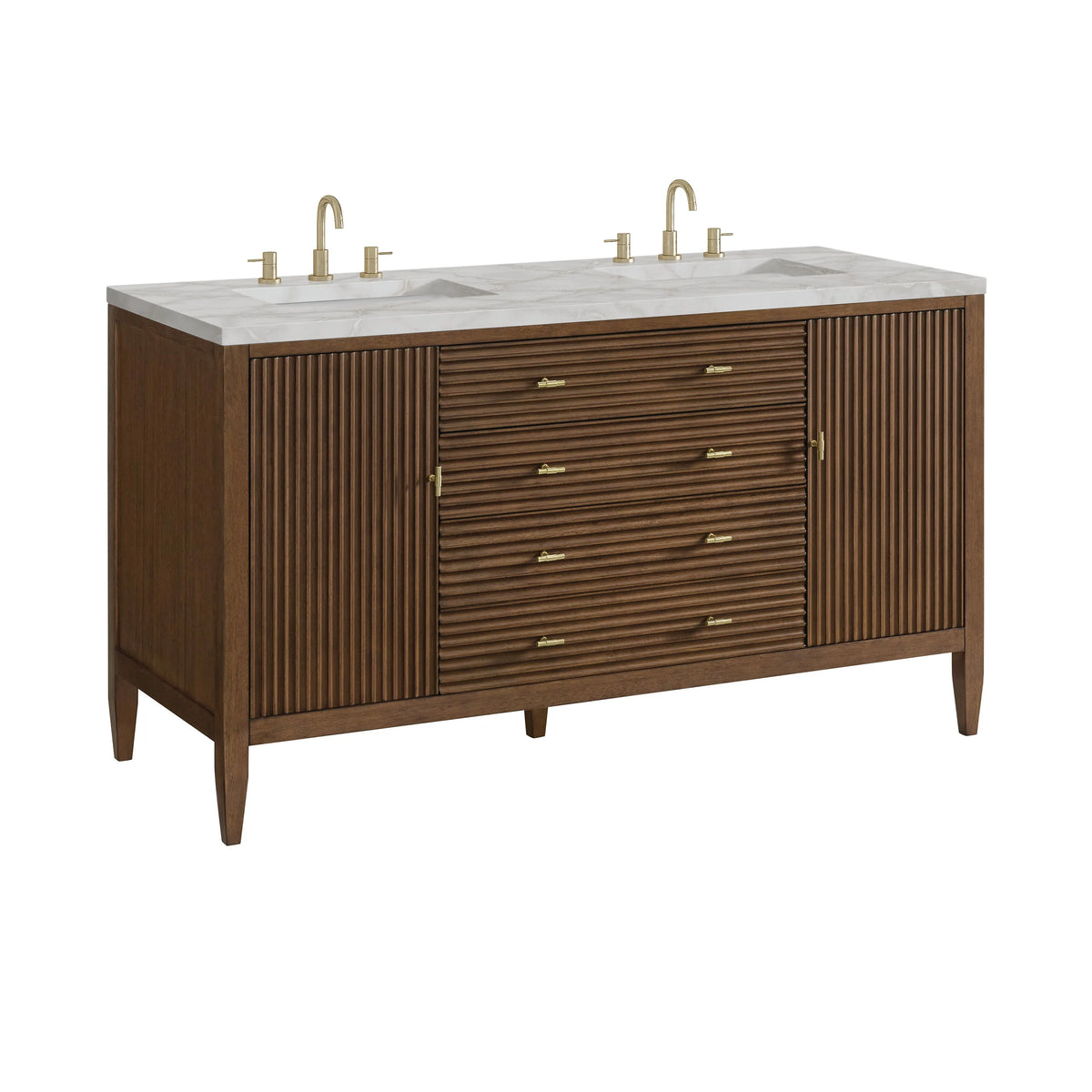 Myrrin 60" Double Vanity, Mid Century Walnut w/ 3 CM Victorian Silver Silestone Top w/FreePower Wireless Charger