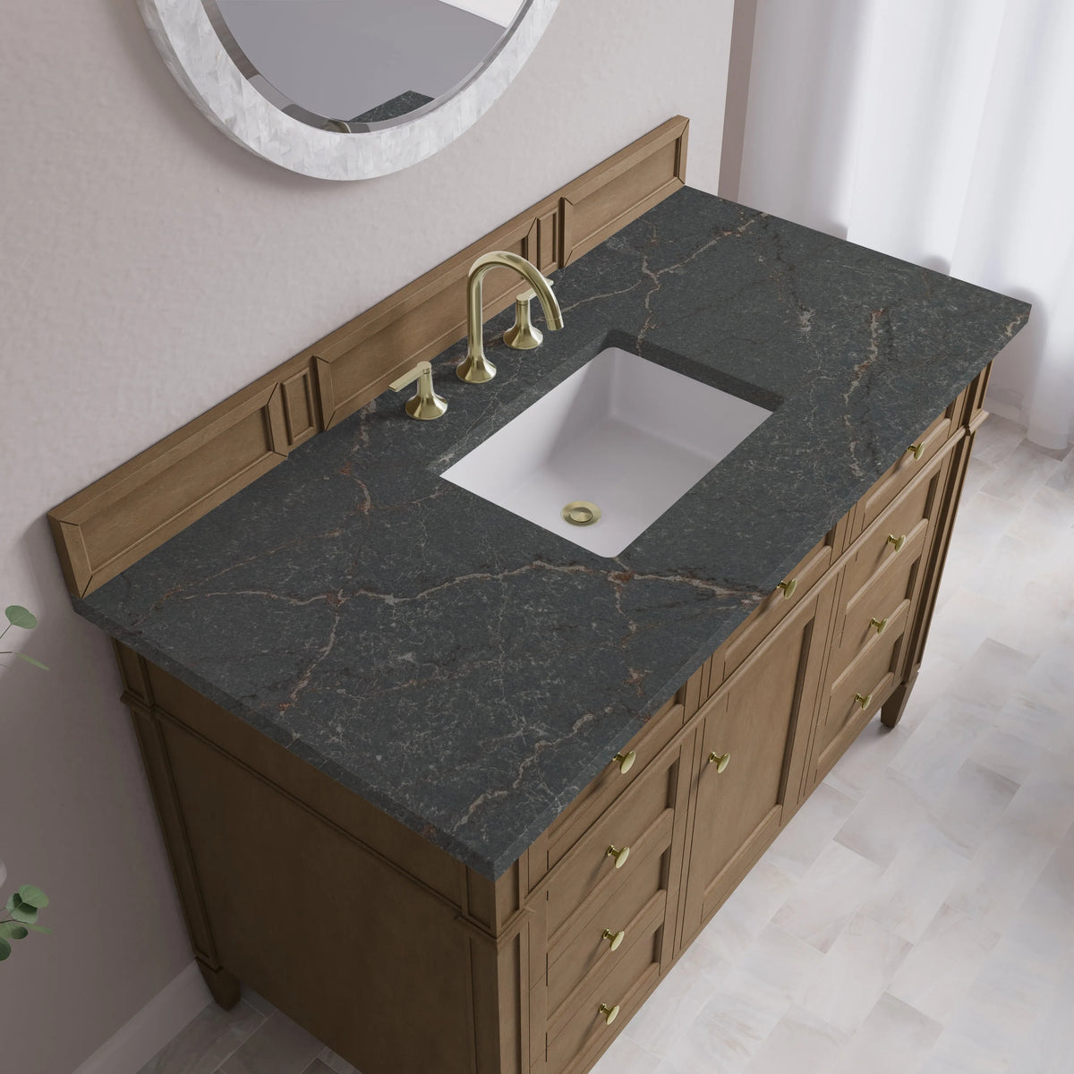 Brittany 48" Single Vanity, Pecan w/ 3 CM Parisien Bleu Silestone Top