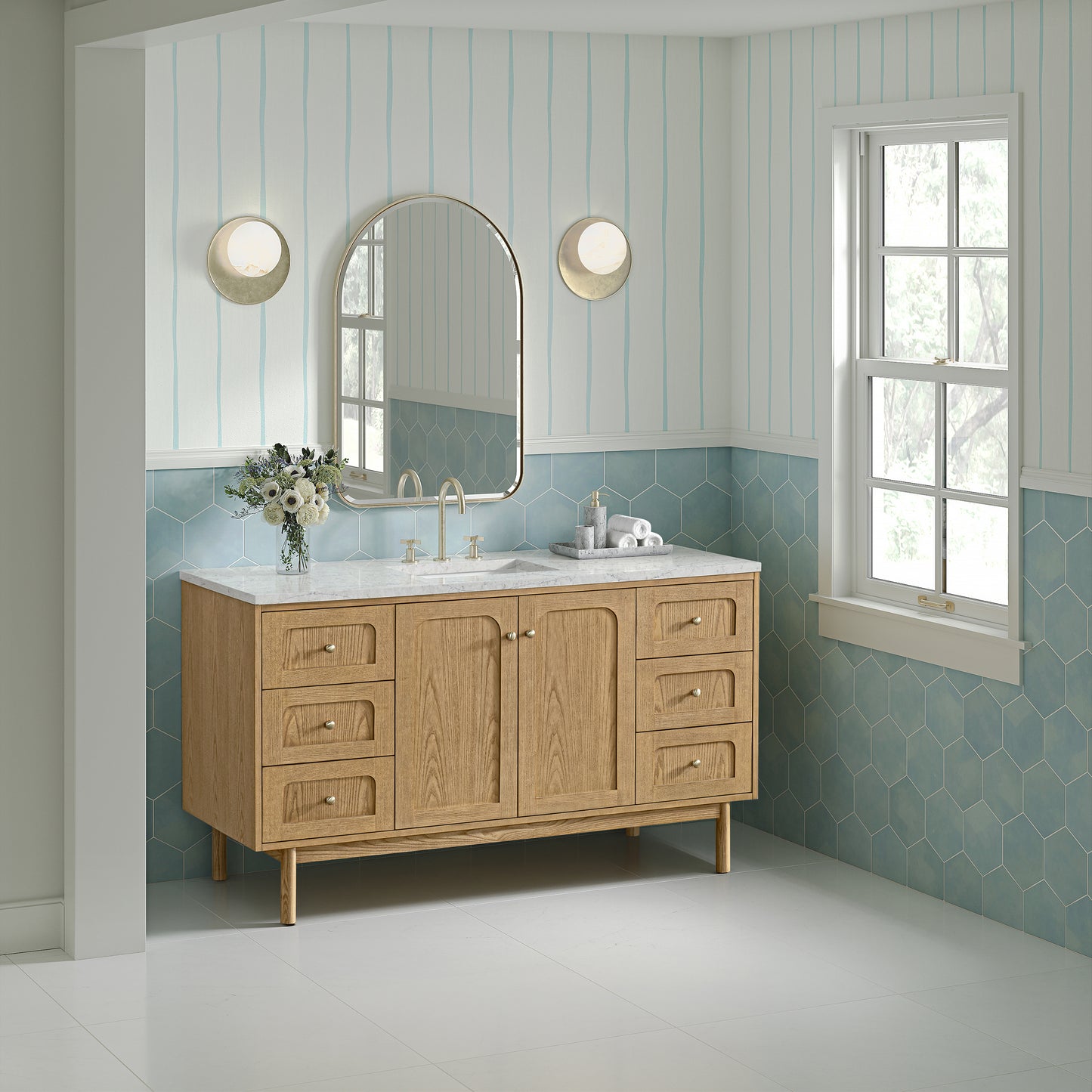 Renovate for Less Atlanta Laurent 60" Single Vanity, Light Natural Oak, w/ 3 CM Eternal Jasmine Pearl Silestone Top w/ FreePower Wireless Charger
