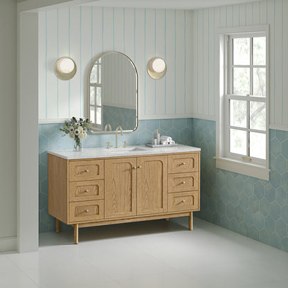 Renovate for Less Atlanta Laurent 60" Single Vanity, Light Natural Oak, w/ 3 CM Eternal Jasmine Pearl Silestone Top w/ FreePower Wireless Charger