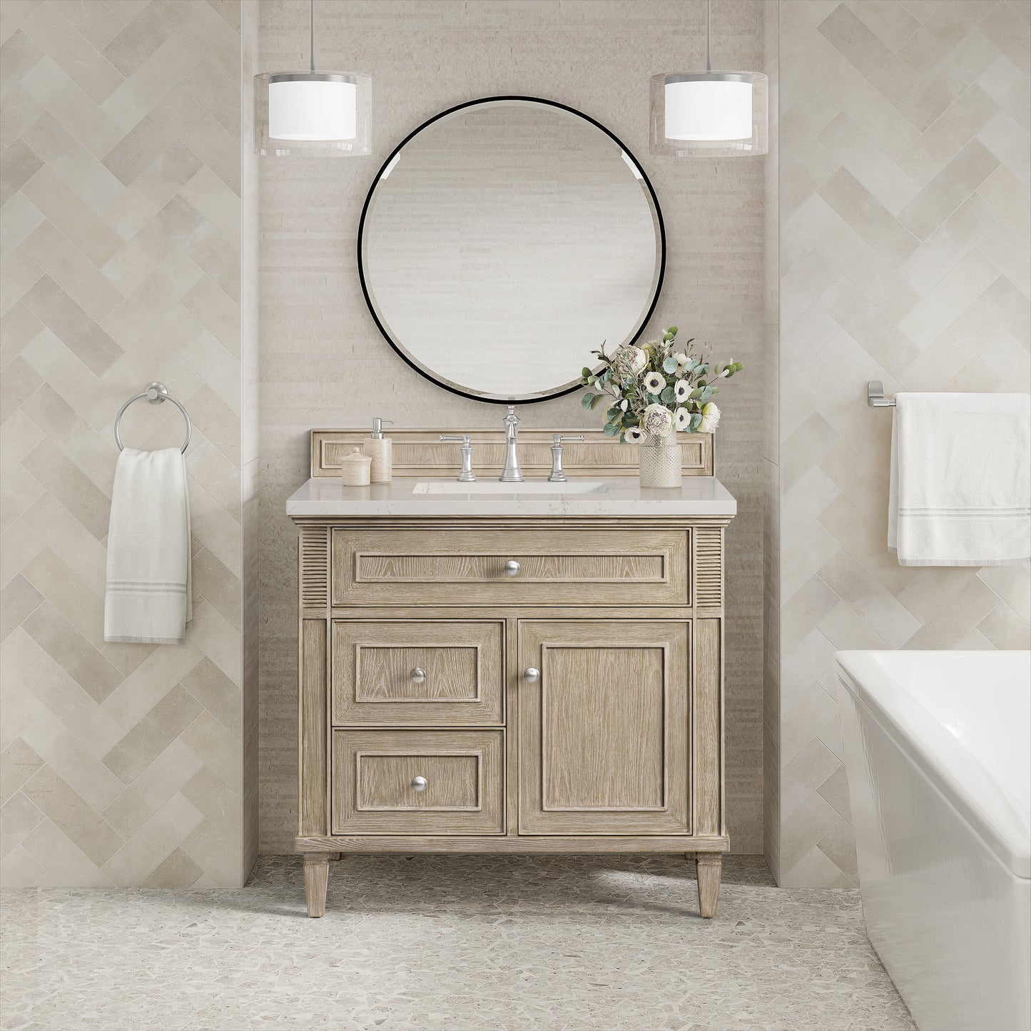 Renovate for Less Atlanta Lorelai 36" Single Vanity, Whitewashed Oak, w/ 3 CM Siberian Silestone Top