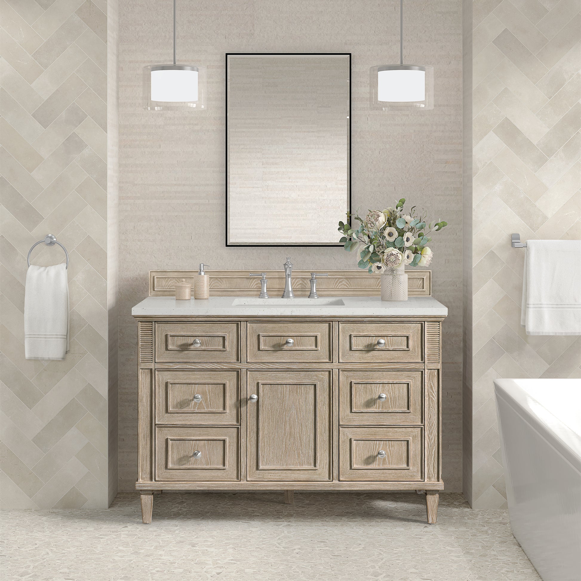 Renovate for Less Atlanta Lorelai 48" Single Vanity, Whitewashed Oak w/ 3 CM Lime Delight Silestone Top
