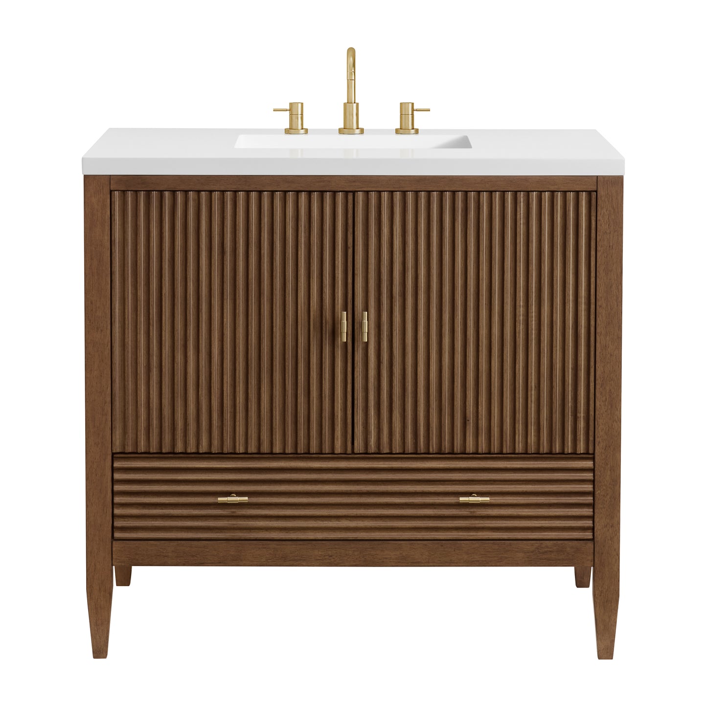 Renovate for Less Atlanta Myrrin 36" Vanity, Mid Century Walnut w/ 3 CM White Zeus Silestone Top