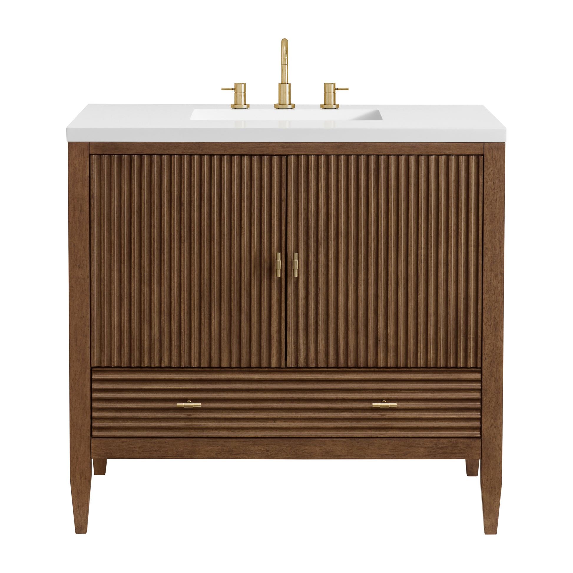 Renovate for Less Atlanta Myrrin 36" Vanity, Mid Century Walnut w/ 3 CM White Zeus Silestone Top