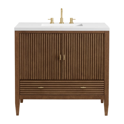 Renovate for Less Atlanta Myrrin 36" Vanity, Mid Century Walnut w/ 3 CM White Zeus Silestone Top