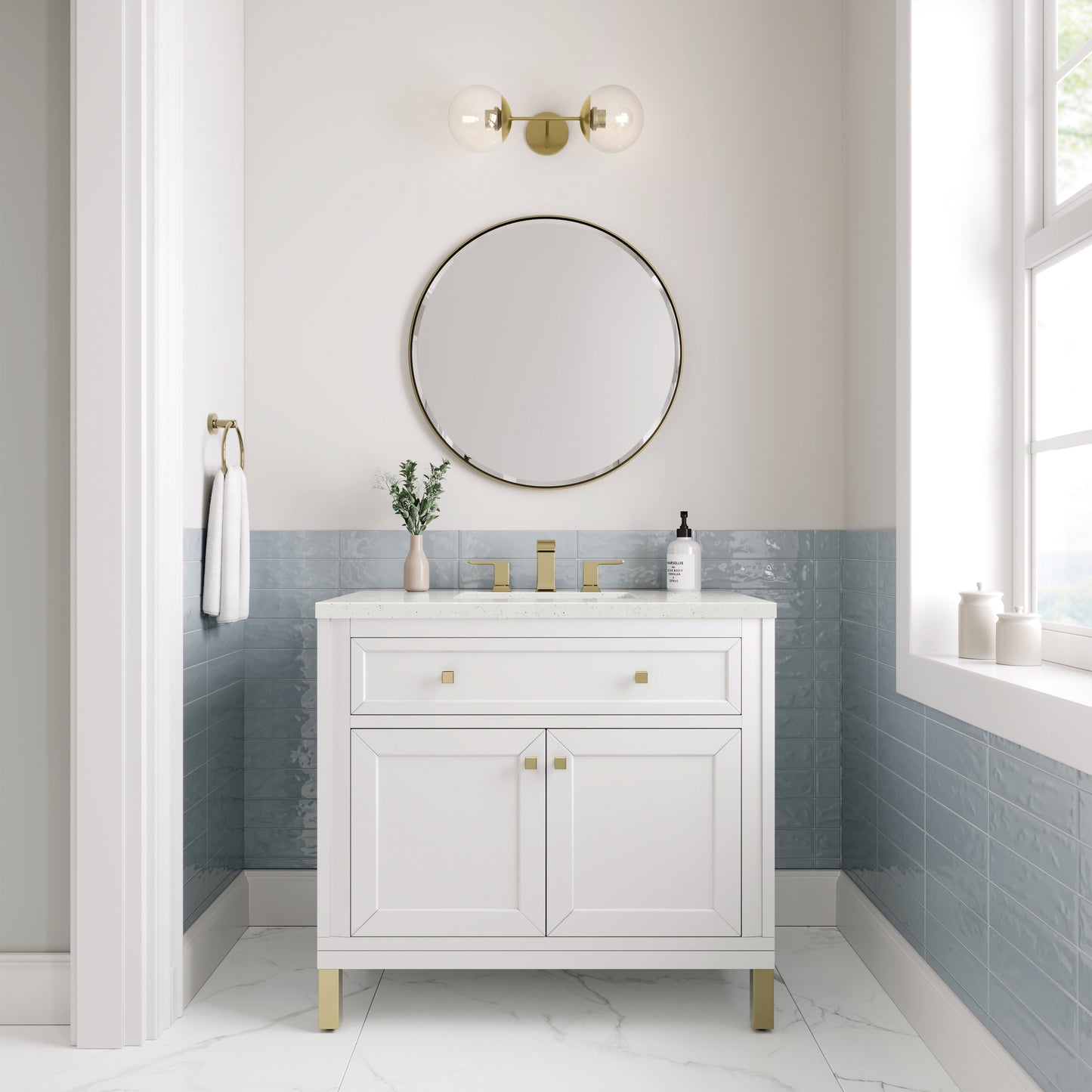 Renovate for Less Atlanta Chicago 36" Single Vanity, Glossy White, w/ 3 CM Lime Delight Silestone® Top
