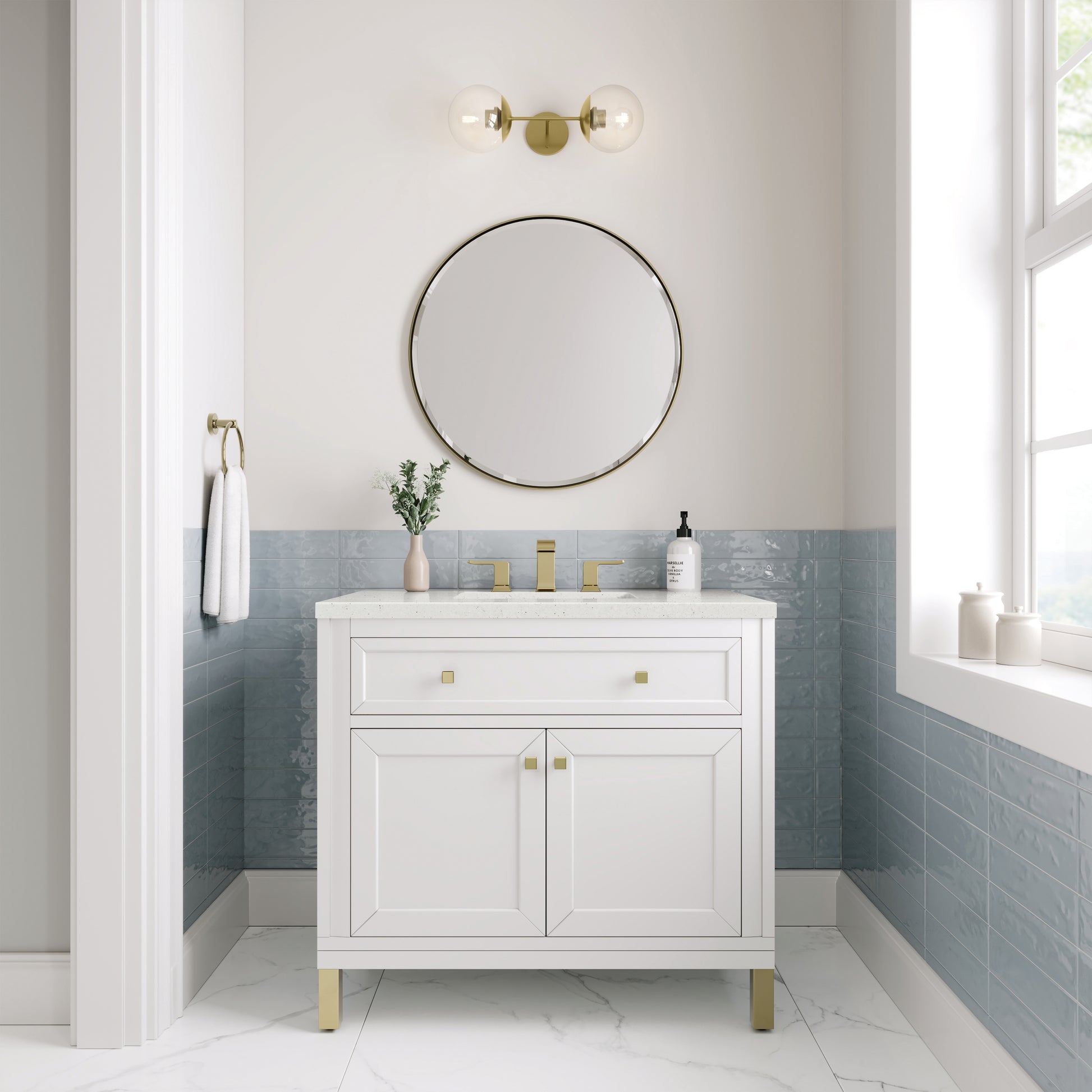 Renovate for Less Atlanta Chicago 36" Single Vanity, Glossy White, w/ 3 CM Lime Delight Silestone® Top