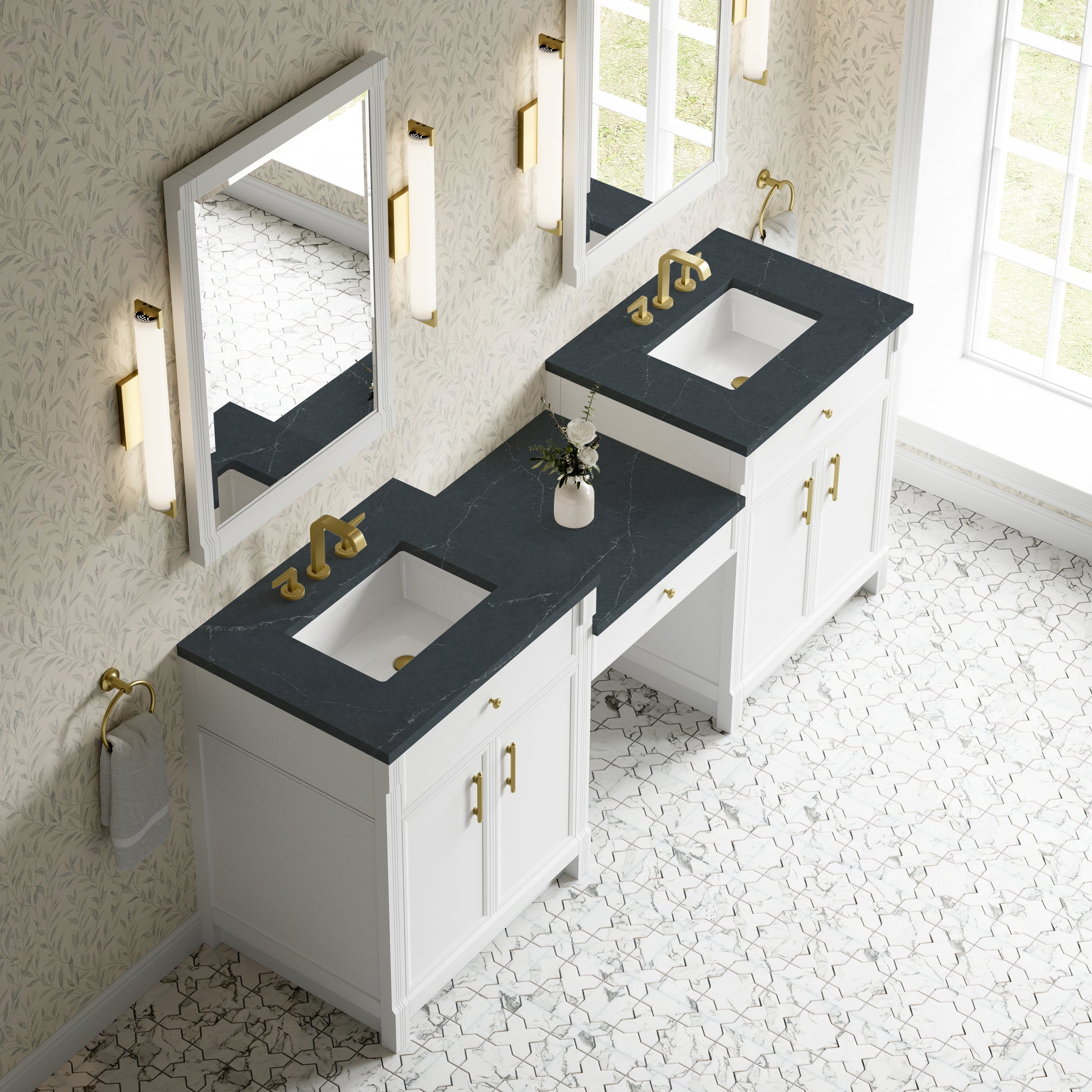 Renovate for Less Atlanta Bellshire 84" Dual Vanity Set with 24" Make-Up Counter, Bright White w/3 cm Charcoal Soapstone Silestone Top