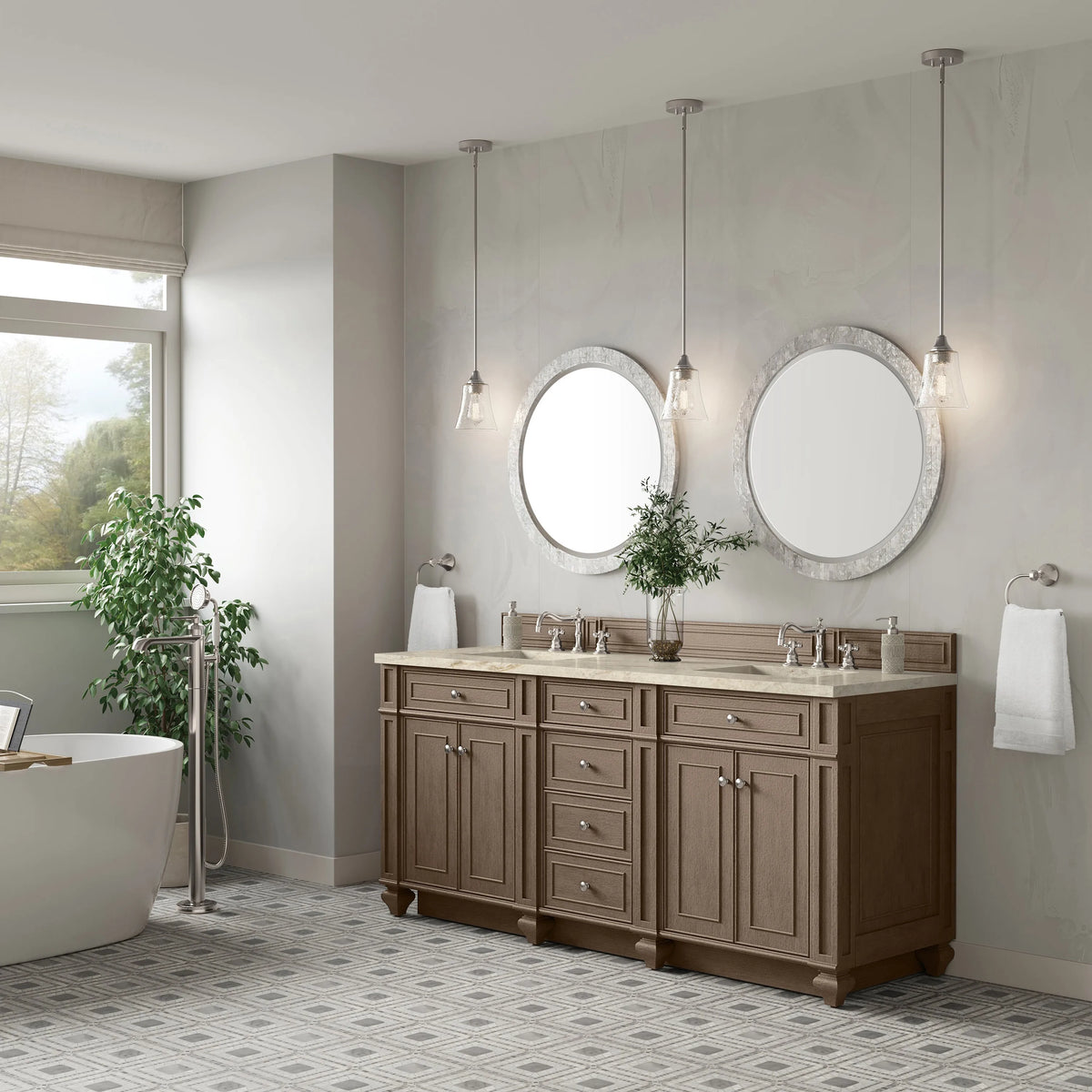 Bristol 72" Double Vanity, Whitewashed Walnut, w/ 3 CM Tajnar Eclos Top