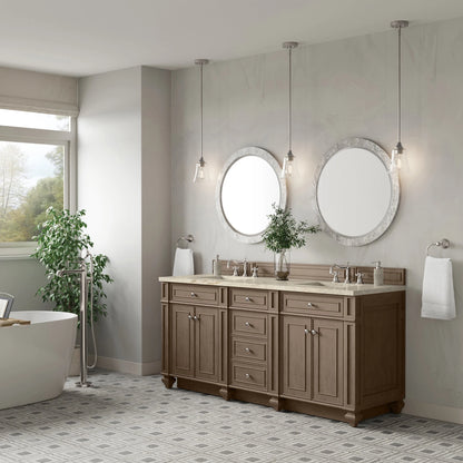 Bristol 72" Double Vanity, Whitewashed Walnut, w/ 3 CM Tajnar Eclos Top