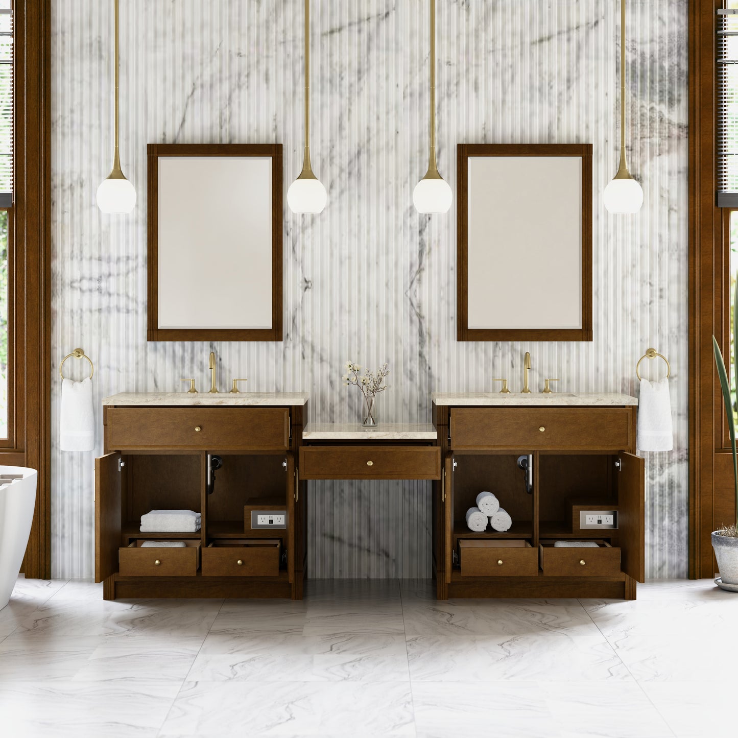 Renovate for Less Atlanta Bellshire 96" Dual Vanity Set with 24" Make-Up Counter, Honey Oak w/3 cm Tajnar Eclos Top