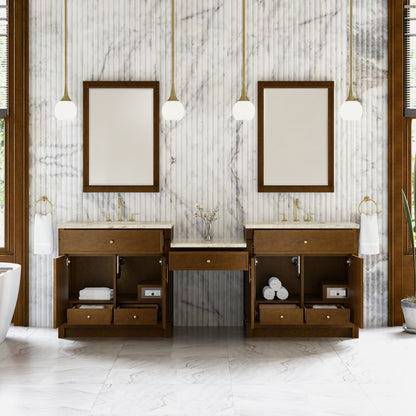 Renovate for Less Atlanta Bellshire 96" Dual Vanity Set with 24" Make-Up Counter, Honey Oak w/3 cm Tajnar Eclos Top