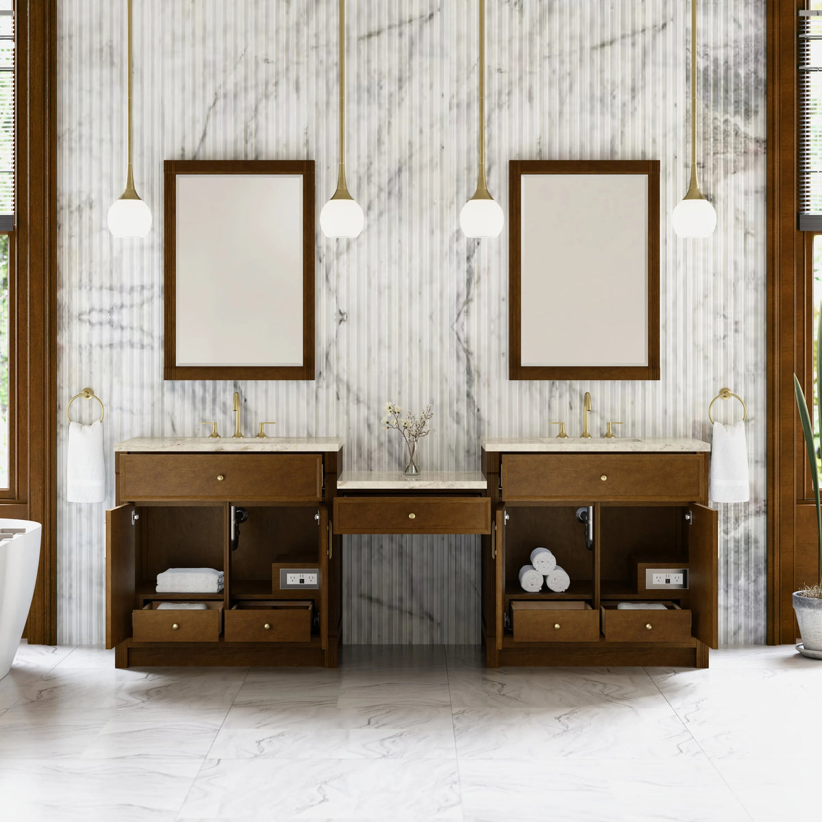 Bellshire 96" Dual Vanity Set with 24" Make-Up Counter, Honey Oak w/3 cm Tajnar Eclos Top