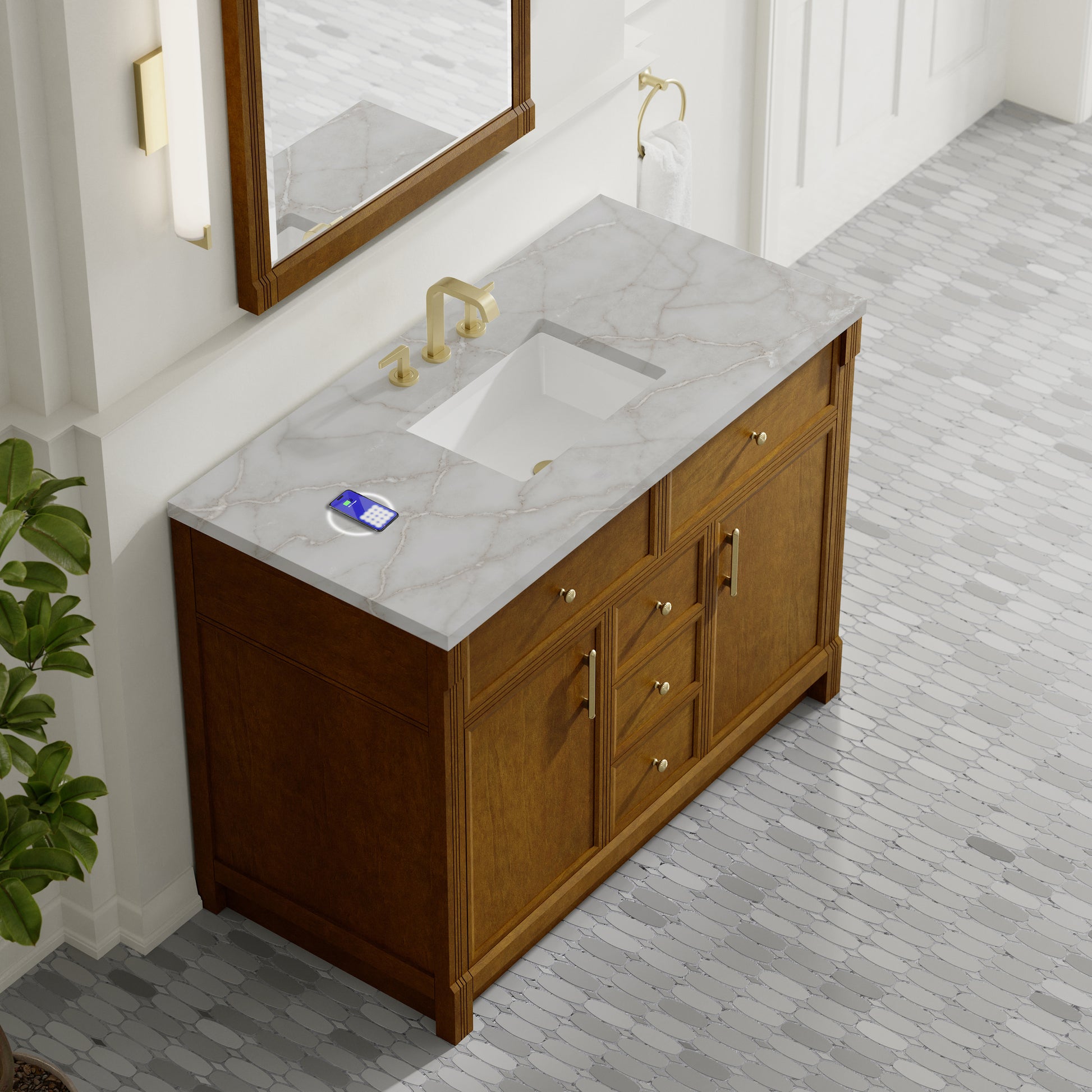 Renovate for Less Atlanta Bellshire 48" Single Vanity, Honey Oak w/ 3 CM Victorian Silver Silestone Top w/FreePower Wireless Charger