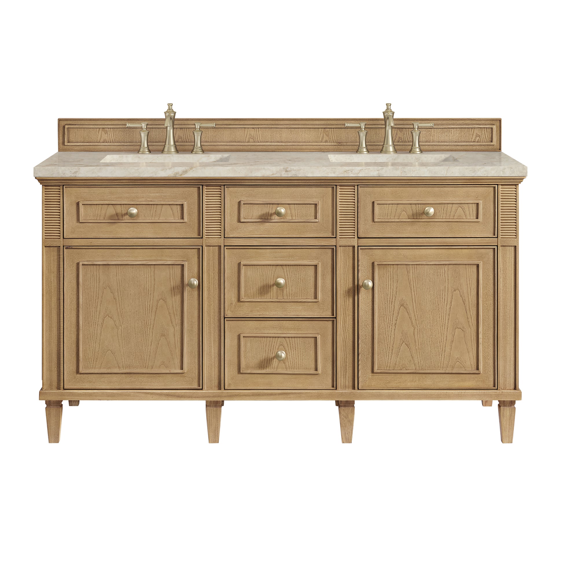 Renovate for Less Atlanta Lorelai 60" Double Vanity, Light Natural Oak, w/ 3 CM Tajnar Eclos Top w/FreePower Wireless Charger
