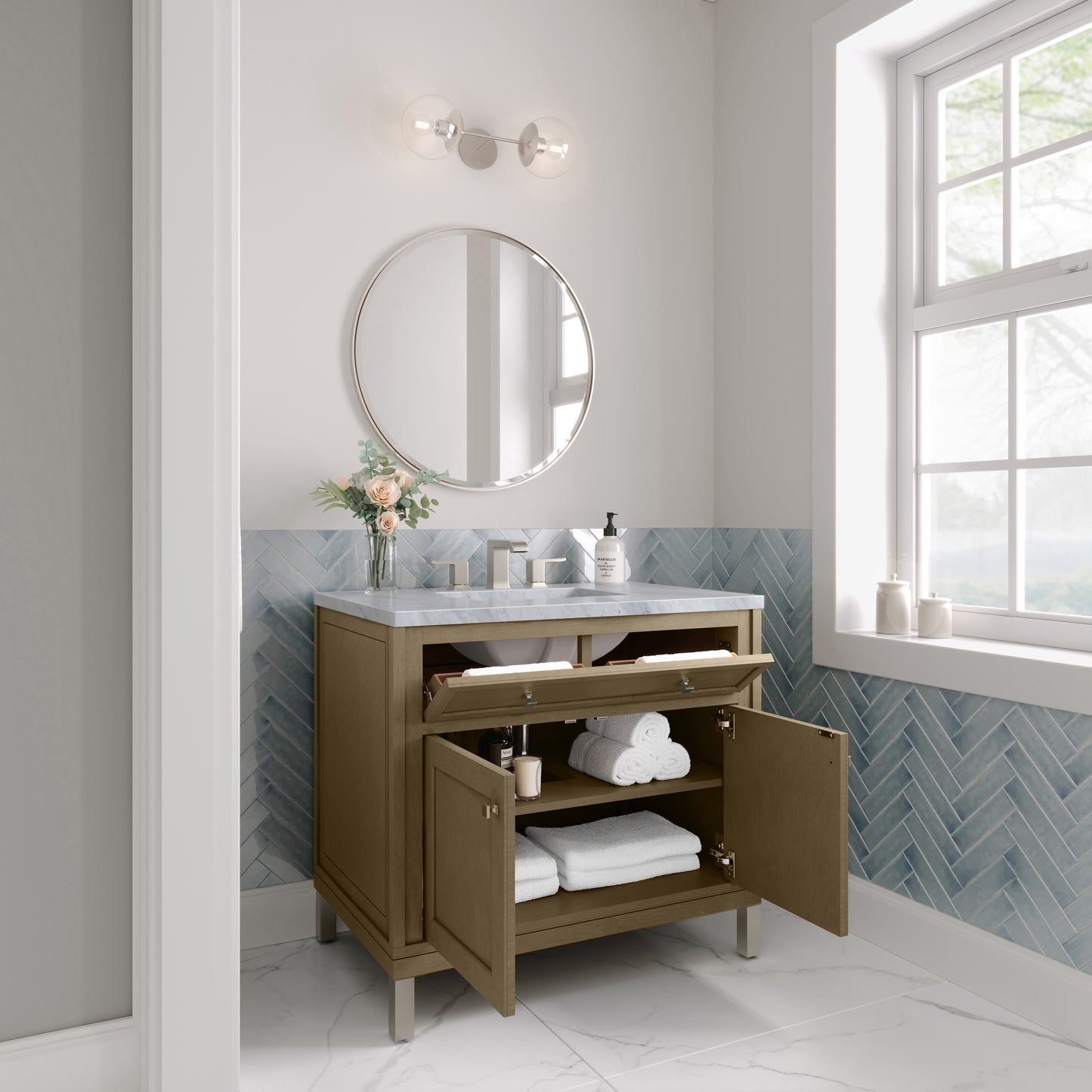 Renovate for Less Atlanta Chicago 36" Single Vanity, Walnut Whisper, w/ 3 CM Carrara Marble Top