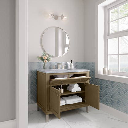 Renovate for Less Atlanta Chicago 36" Single Vanity, Walnut Whisper, w/ 3 CM Carrara Marble Top
