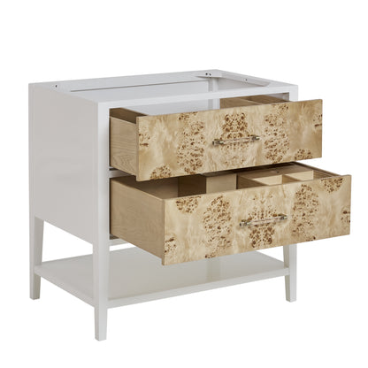 Renovate for Less Atlanta Olena 36" Single Vanity, Light Mappa Burl and Polished White, w/ 3 CM Tajnar Eclos Top