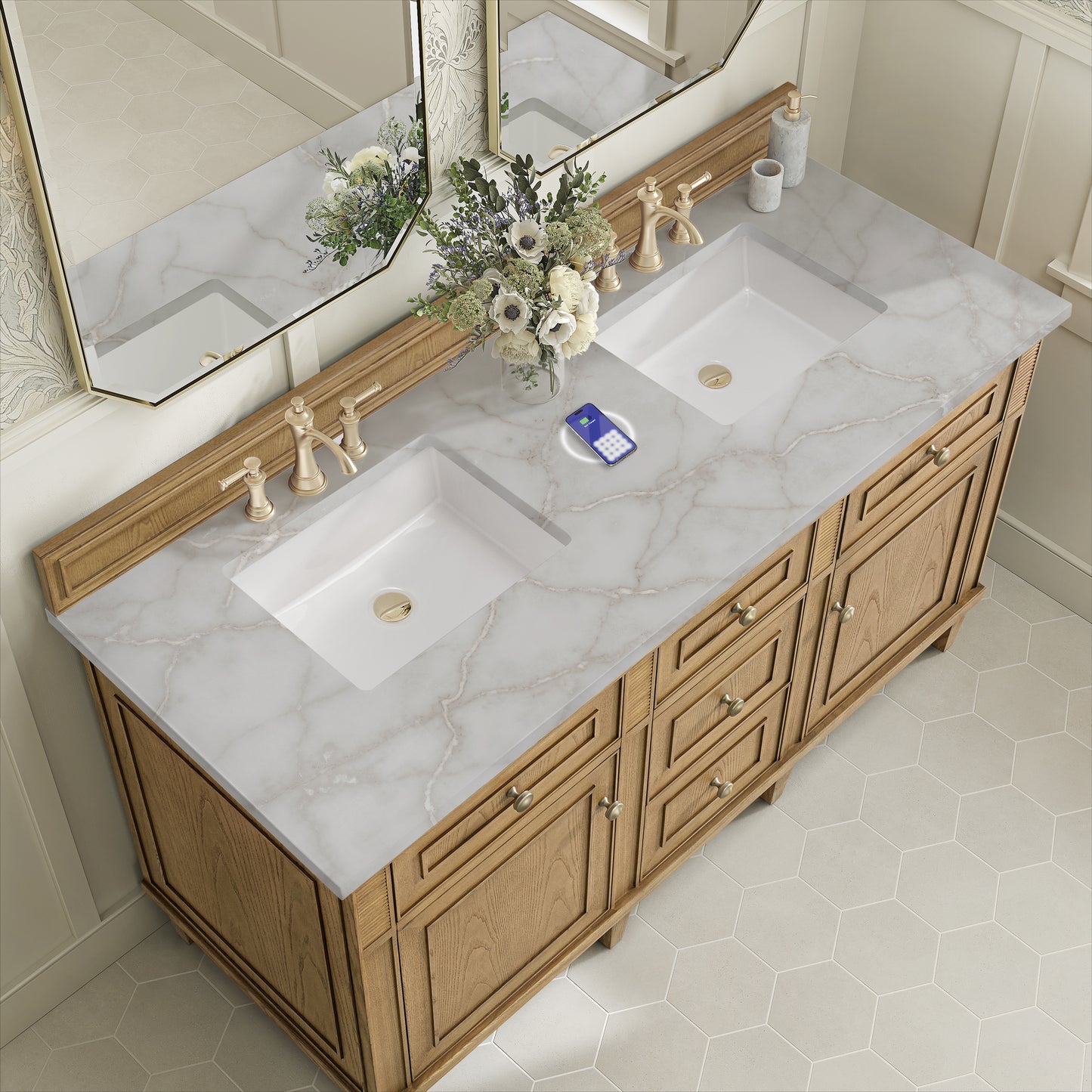 Renovate for Less Atlanta Lorelai 60" Double Vanity, Light Natural Oak w/ 3 CM Victorian Silver Silestone Top w/FreePower Wireless Charger