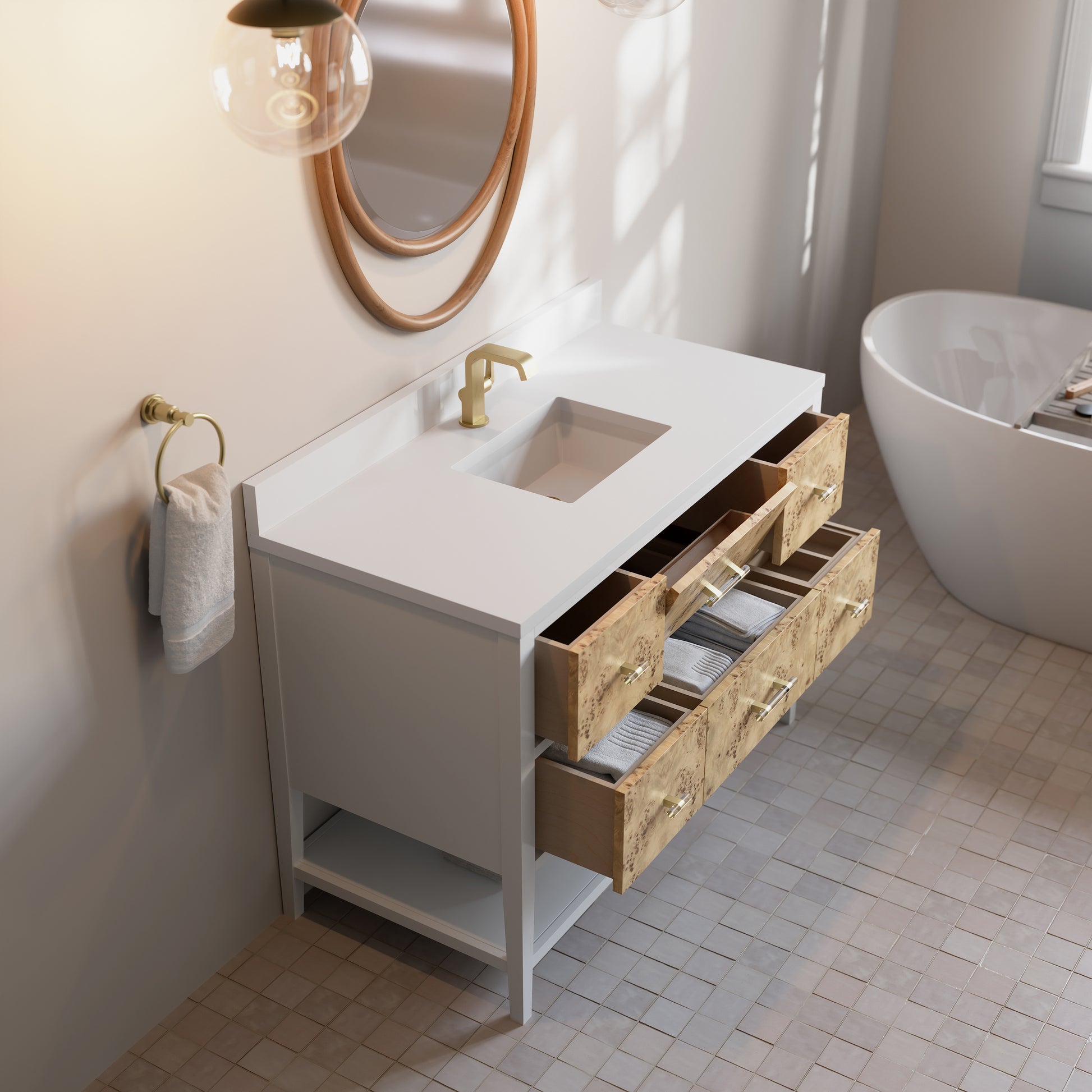 Renovate for Less Atlanta Olena 48" Single Vanity, Light Mappa Burl and Polished White w/ Single Hole 3 CM White Zeus Silestone Top & Backsplash