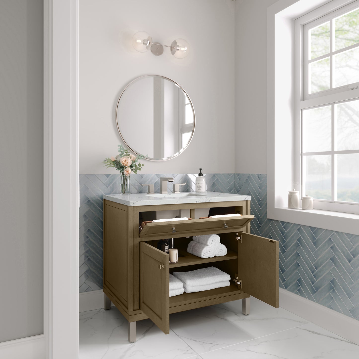 Renovate for Less Atlanta Chicago 36" Single Vanity, Walnut Whisper, w/ 3 CM Ethereal Noctis Silestone® Top