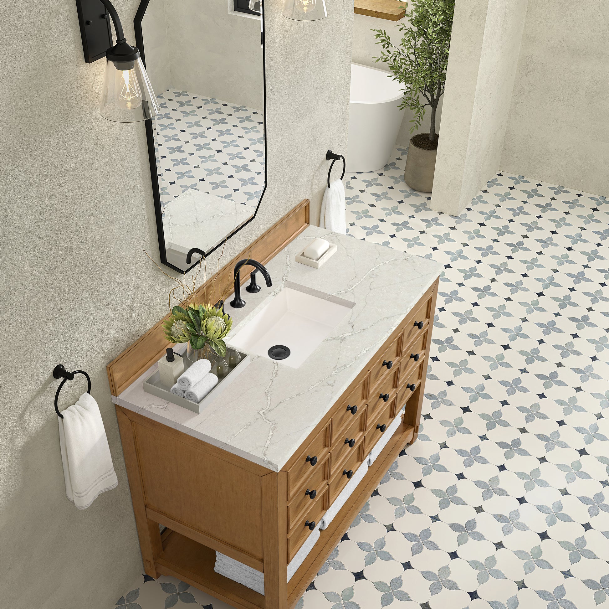 Renovate for Less Atlanta Malibu 48" Single Vanity, Amber Birch w/ 3 CM Victorian Silver Silestone Top