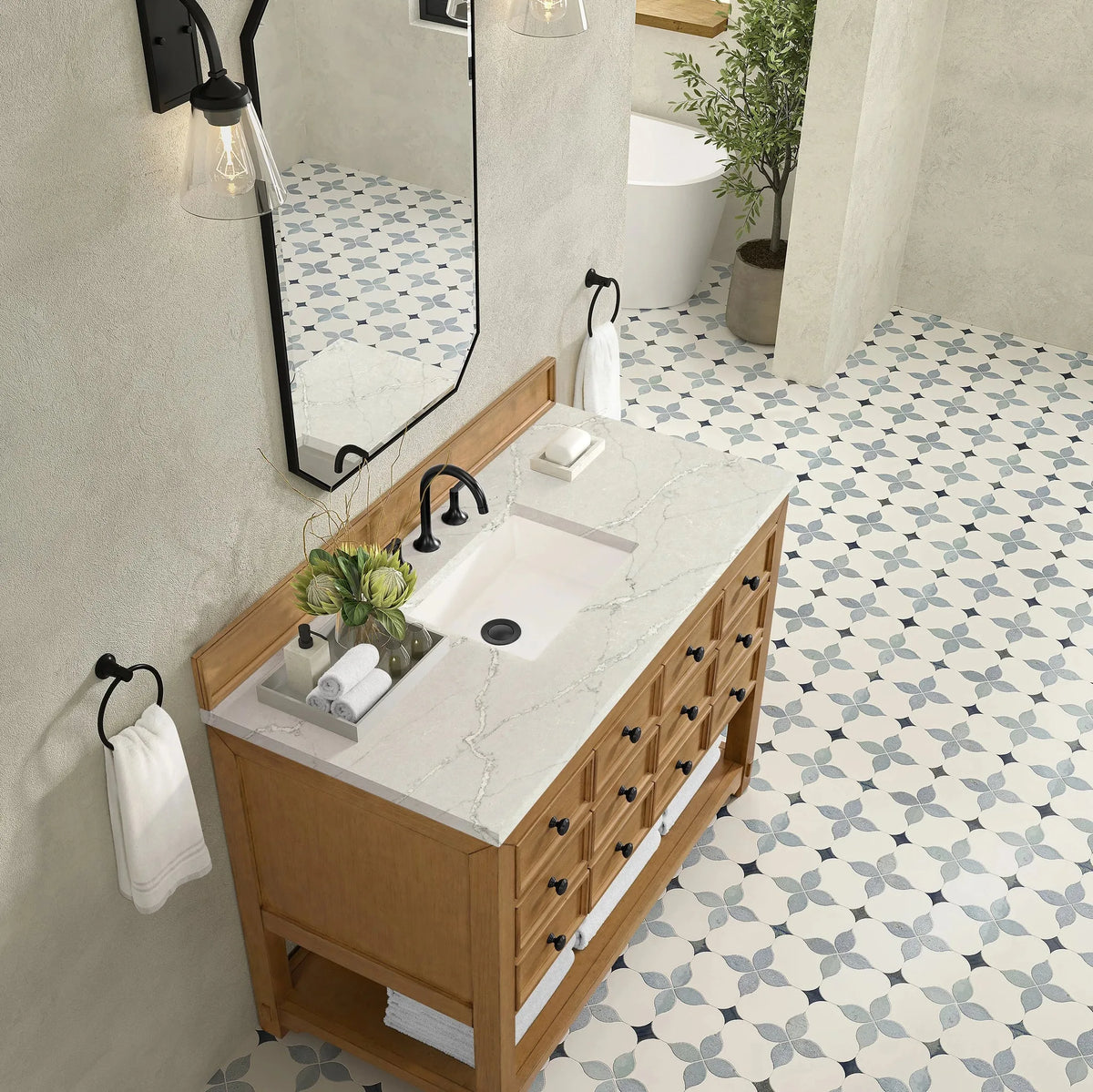 Malibu 48" Single Vanity, Amber Birch w/ 3 CM Victorian Silver Silestone Top