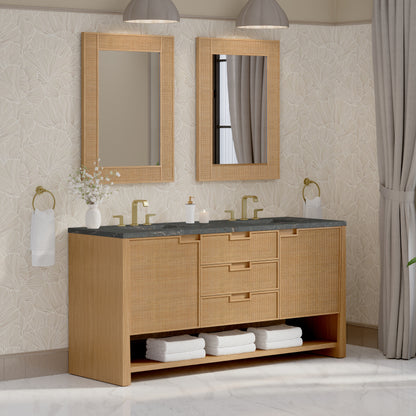 Renovate for Less Atlanta Solene 72" Double Vanity, Seaside Oak, w/ 3 CM Parisien Bleu Quartz Top