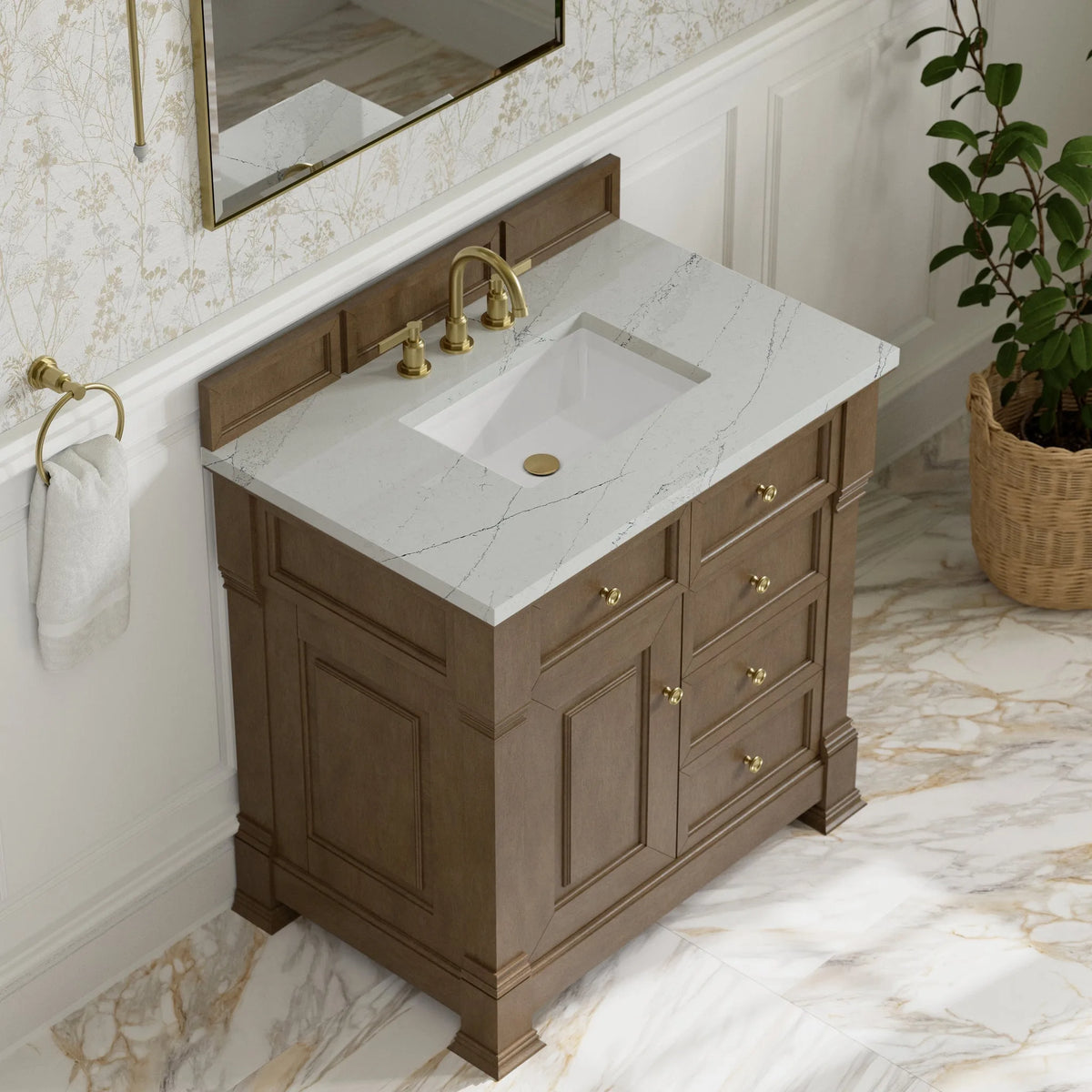 Brookfield 36" Single Vanity, Pecan w/ 3 CM Ethereal Noctis Silestone Top