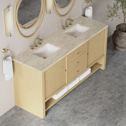 Renovate for Less Atlanta Marigot 72" Double Vanity, Sunwashed Oak, w/ 3 CM Tajnar Eclos Top w/FreePower Wireless Charger