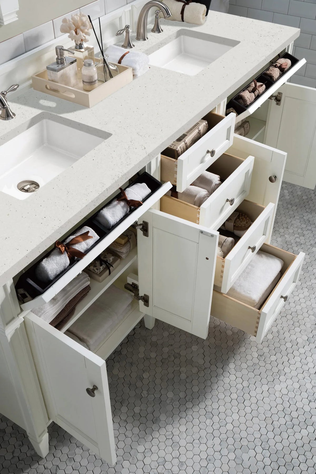 Brittany 72" Double Vanity, Bright White Vanity w/ 3 CM Lime Delight Silestone Top
