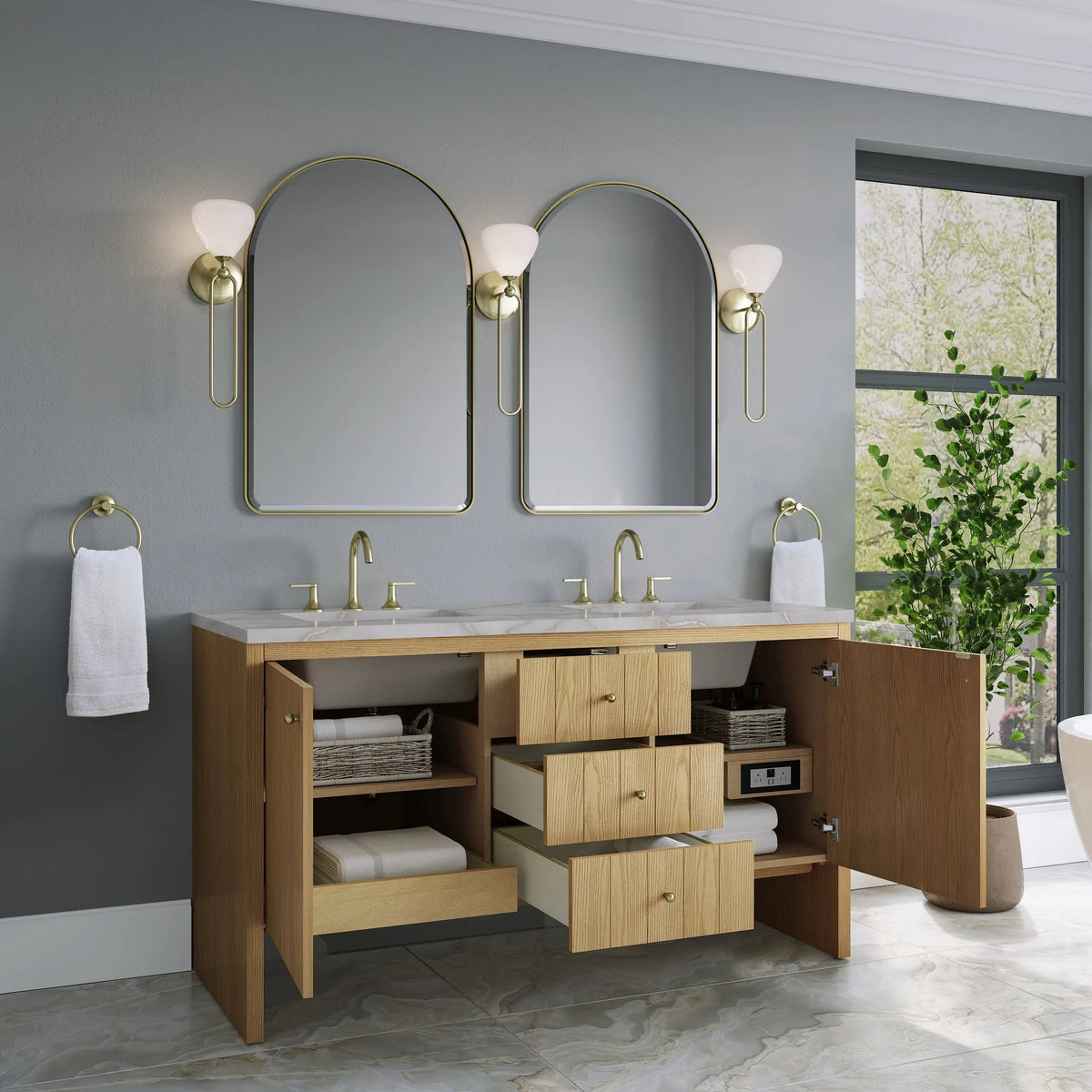 Hudson 60" Double Vanity, Light Natural Oak w/ 3 CM Victorian Silver Top w/FreePower Wireless Charger