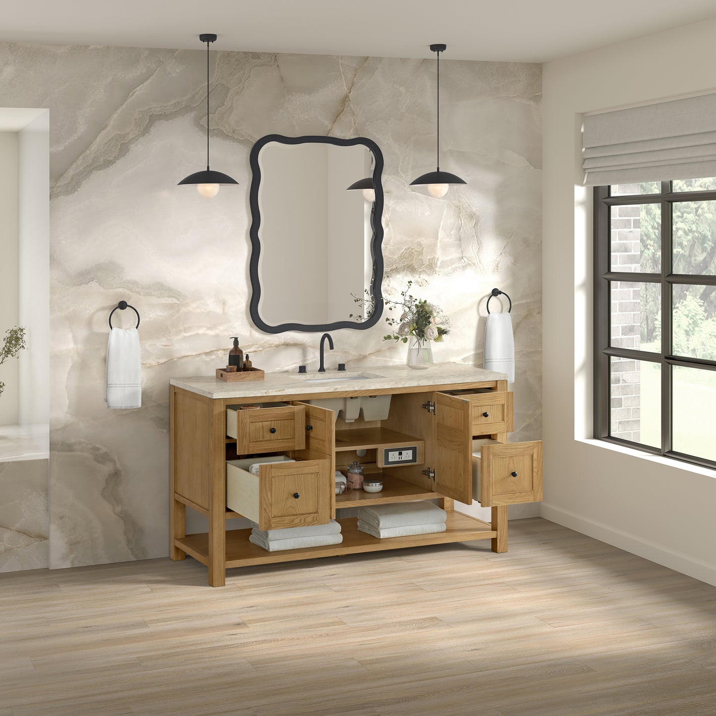 Renovate for Less Atlanta Breckenridge 60" Single Vanity, Light Natural Oak, w/ 3 CM Tajnar Eclos Top w/FreePower Wireless Charger