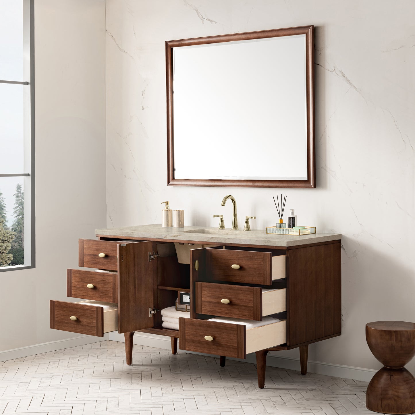 Renovate for Less Atlanta Amberly 60" Single Vanity, Mid-Century Walnut, w/ 3 CM Tajnar Eclos Top