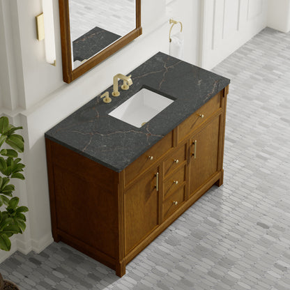 Renovate for Less Atlanta Bellshire 48" Single Vanity, Honey Oak w/ 3 CM Parisien Bleu Silestone Top