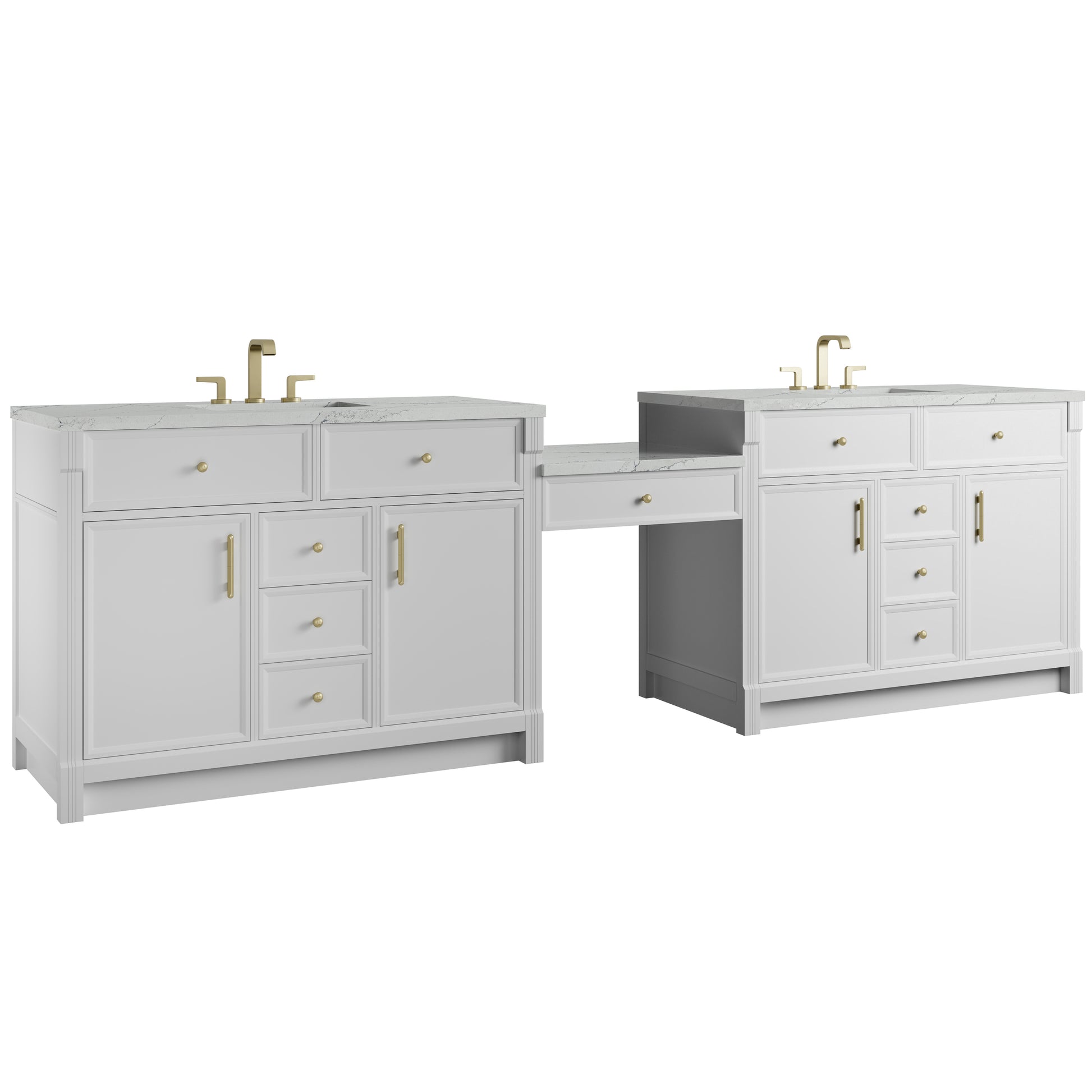 Renovate for Less Atlanta Bellshire 120" Dual Vanity Set with 24" Make-Up Counter, Bright White w/3 cm Ethereal Noctis Silestone Top w/FreePower Wireless Charger