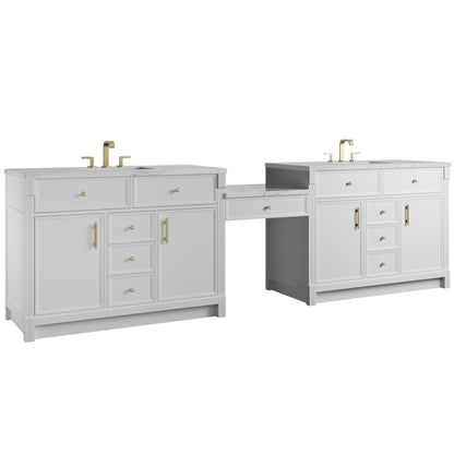 Renovate for Less Atlanta Bellshire 120" Dual Vanity Set with 24" Make-Up Counter, Bright White w/3 cm Ethereal Noctis Silestone Top w/FreePower Wireless Charger