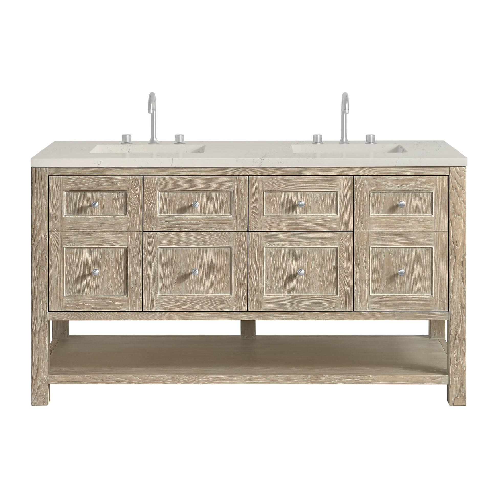 Renovate for Less Atlanta Breckenridge 60" Double Vanity, Whitewashed Oak, w/ 3 CM Tajnar Eclos Top w/FreePower Wireless Charger