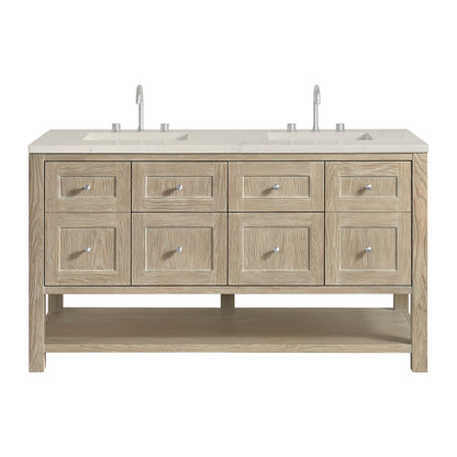 Renovate for Less Atlanta Breckenridge 60" Double Vanity, Whitewashed Oak, w/ 3 CM Tajnar Eclos Top w/FreePower Wireless Charger