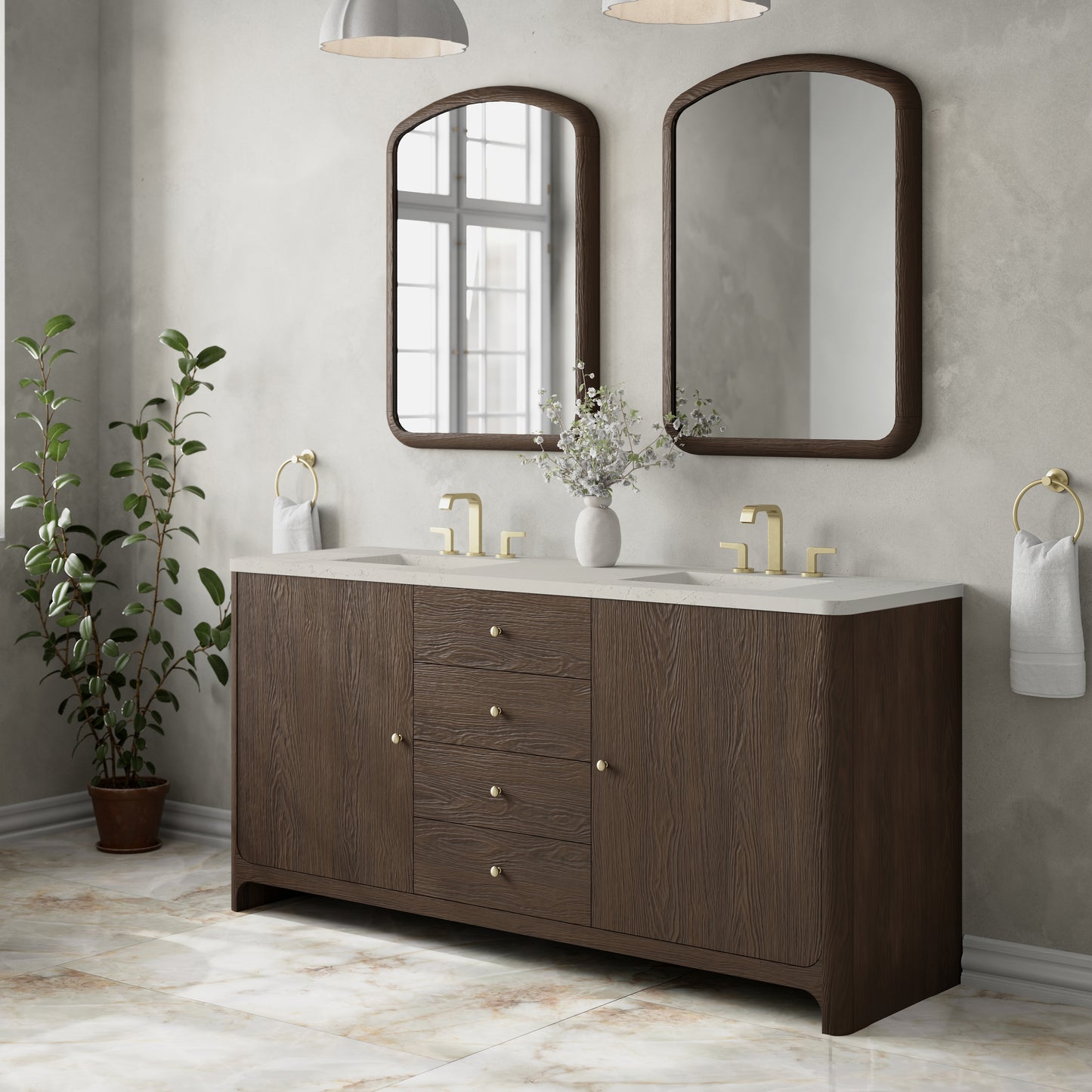 Renovate for Less Atlanta Gracyn 72" Double Vanity, Sable, w/ 3 CM Siberian Silestone Widespread Top