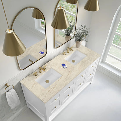 Breckenridge 60" Double Vanity, Bright White, w/ 3 CM Tajnar Eclos Top w/FreePower Wireless Charger