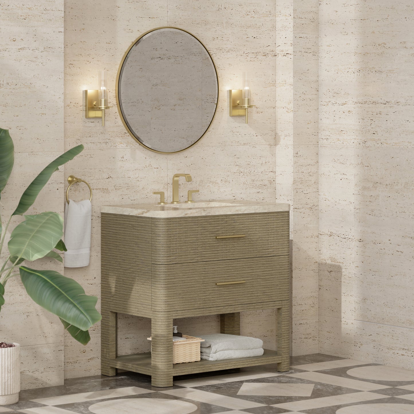 Renovate for Less Atlanta Lucian 36" Single Vanity, Pebble Oak, w/ 3 CM Tajnar Eclos Widespread Top