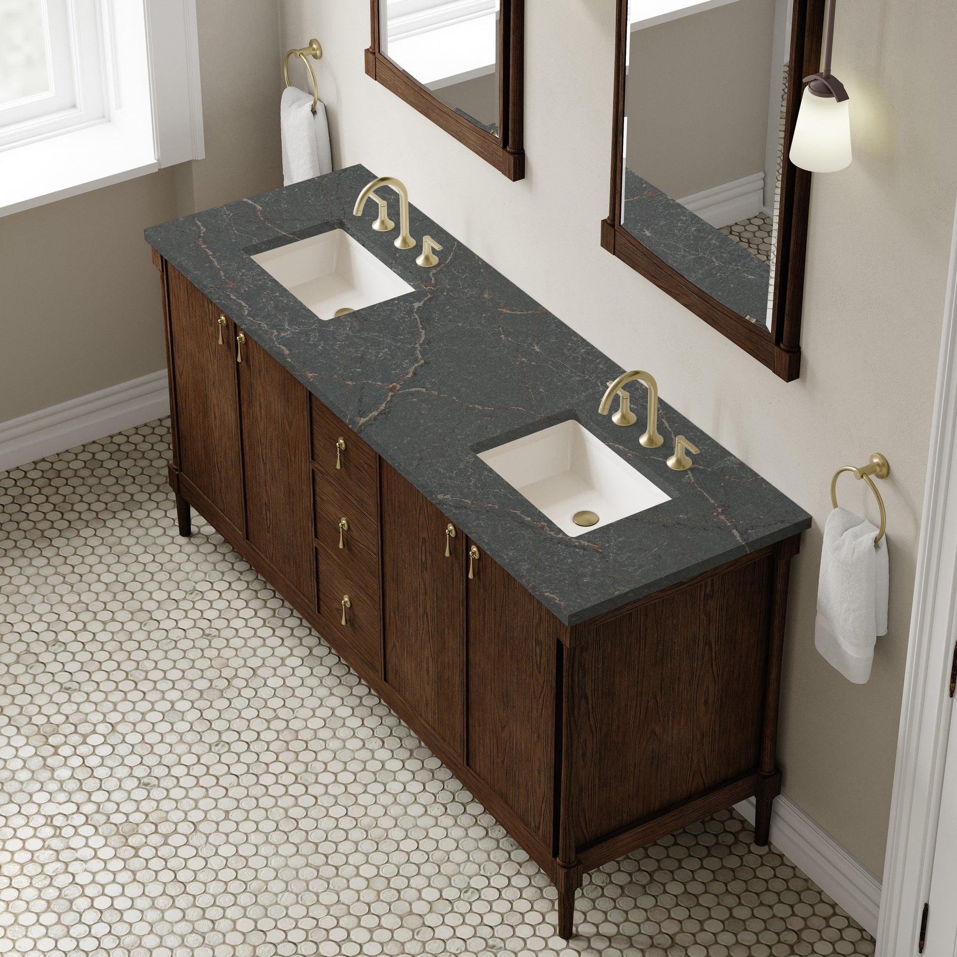 Renovate for Less Atlanta Kinnsden 72" Double Vanity, Sable Oak w/ 3 CM Parisien Bleu Silestone Top