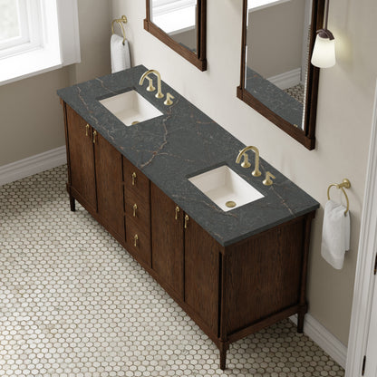 Renovate for Less Atlanta Kinnsden 72" Double Vanity, Sable Oak w/ 3 CM Parisien Bleu Silestone Top