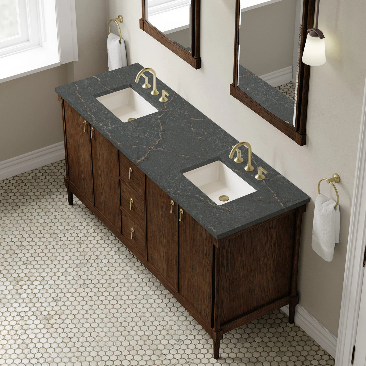 Kinnsden 72" Double Vanity, Sable Oak w/ 3 CM Parisien Bleu Silestone Top