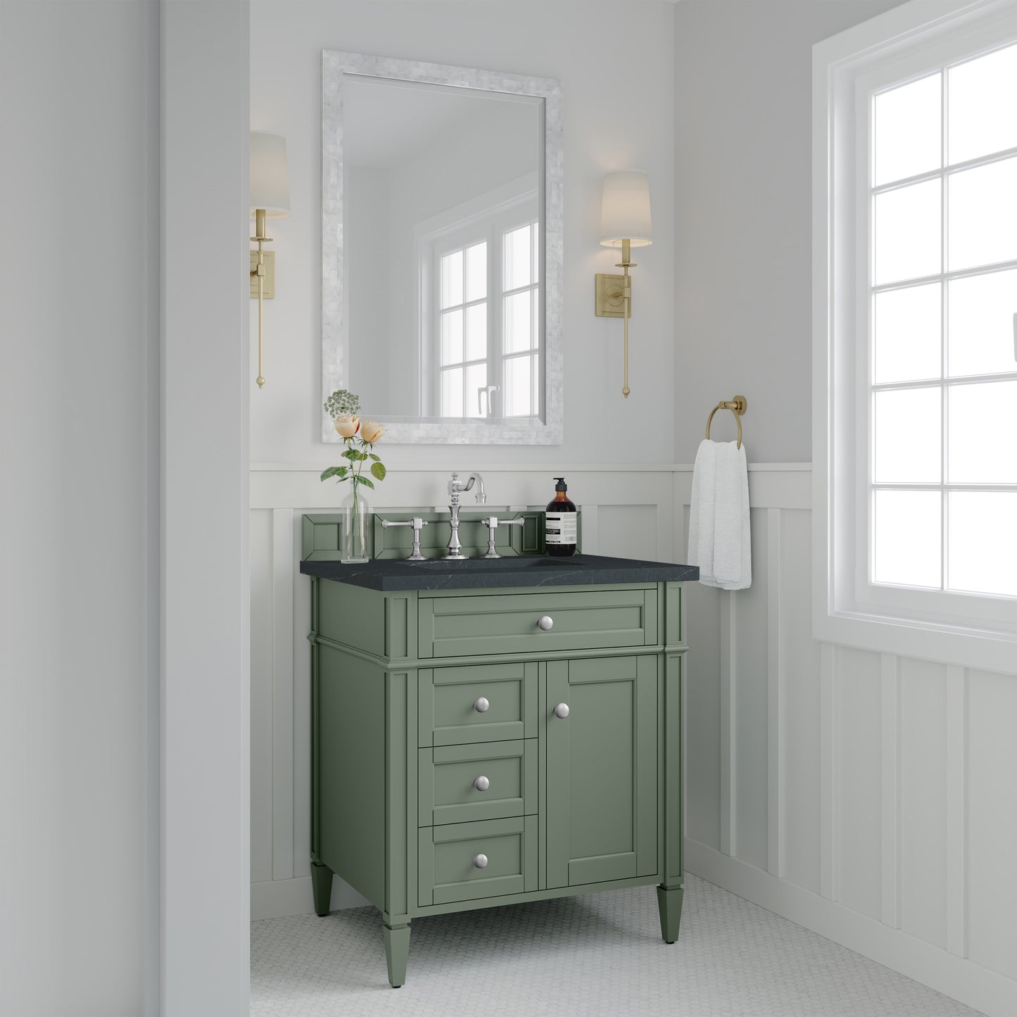 Renovate for Less Atlanta Brittany 30" Single Vanity, Smokey Celadon w/ 3 CM Charcoal Soapstone Top
