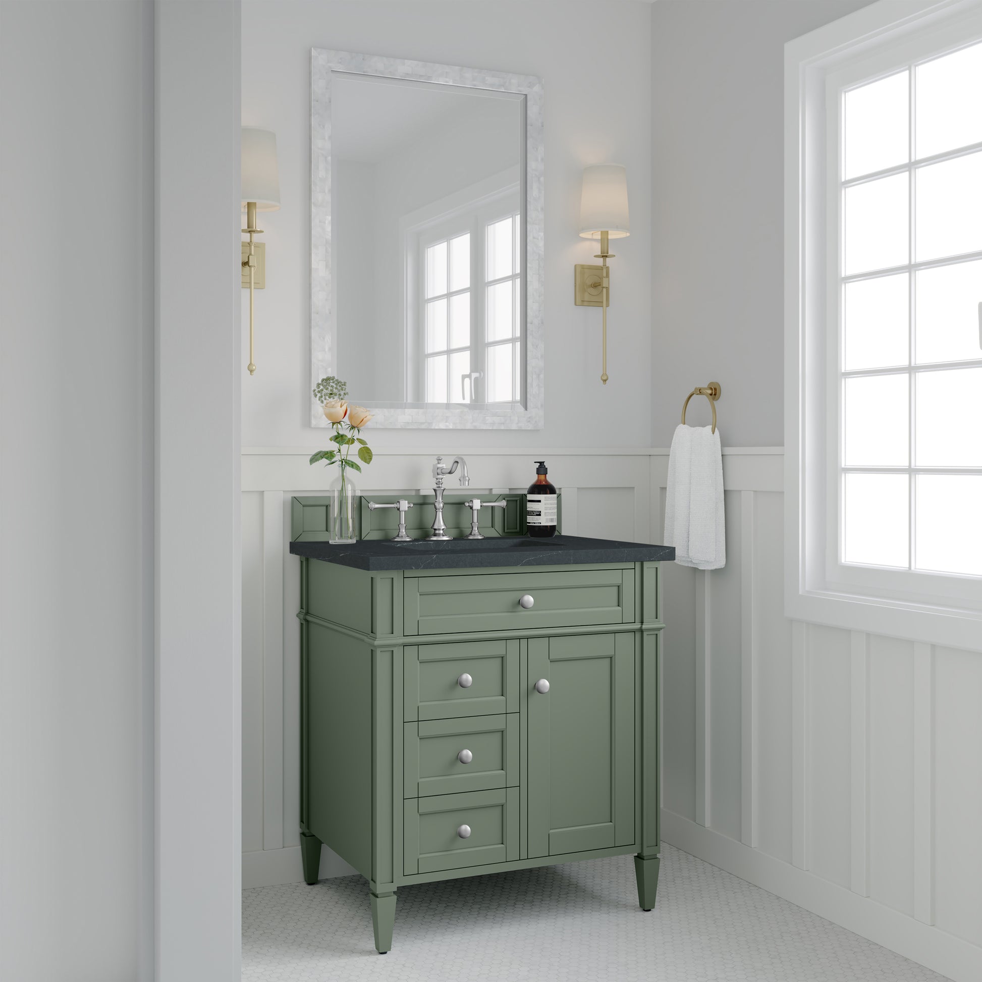 Renovate for Less Atlanta Brittany 30" Single Vanity, Smokey Celadon w/ 3 CM Charcoal Soapstone Top