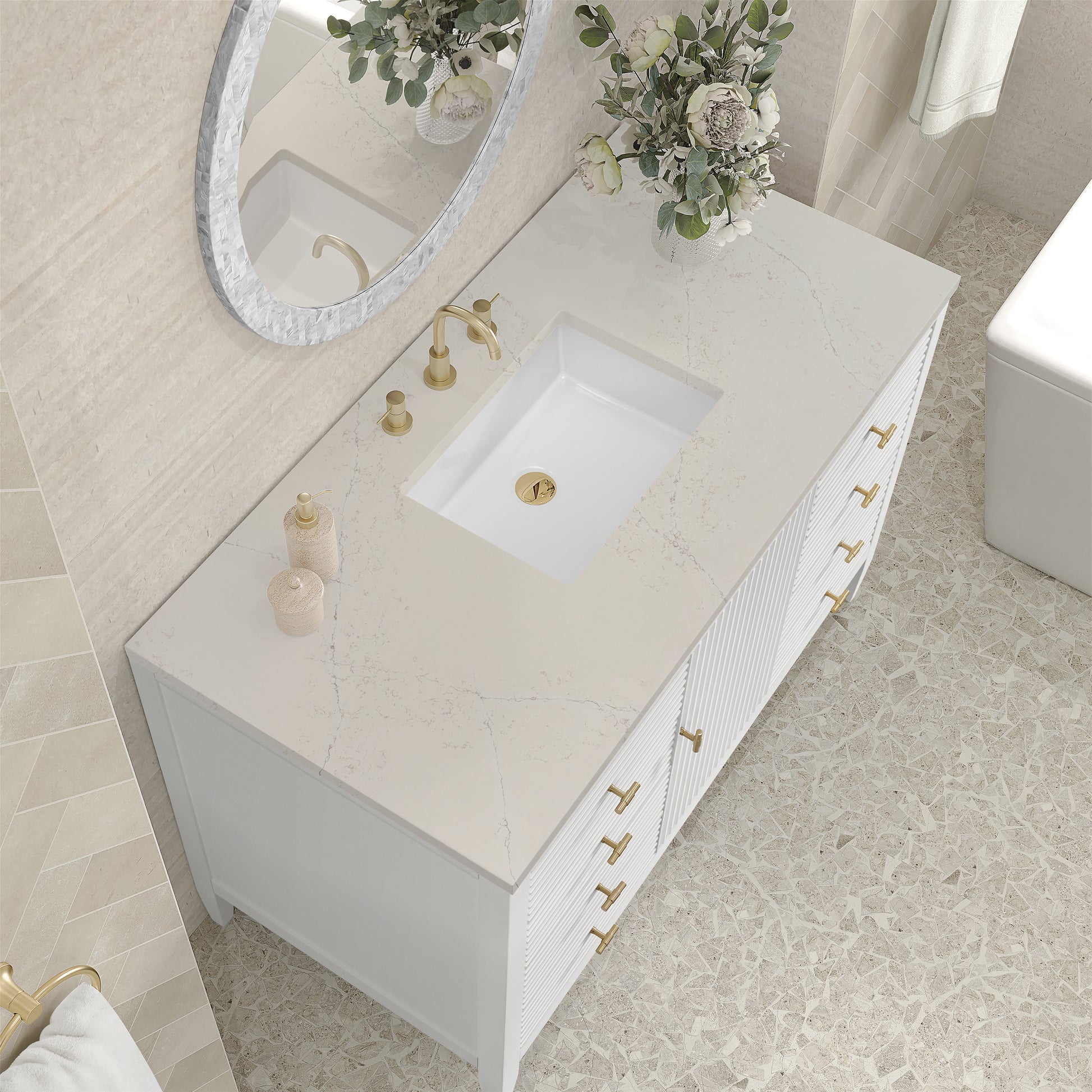 Renovate for Less Atlanta Myrrin 48" Single Vanity, Bright White, w/ 3 CM Siberian Silestone Top